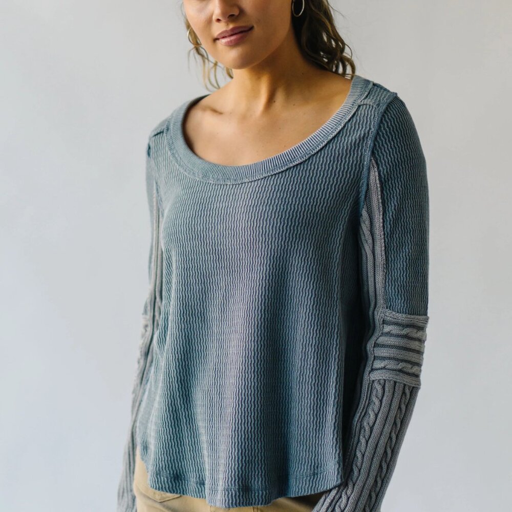 We The Free People Swinging Cable Knit Long Sleeve Weathervane Blue Top S NWT